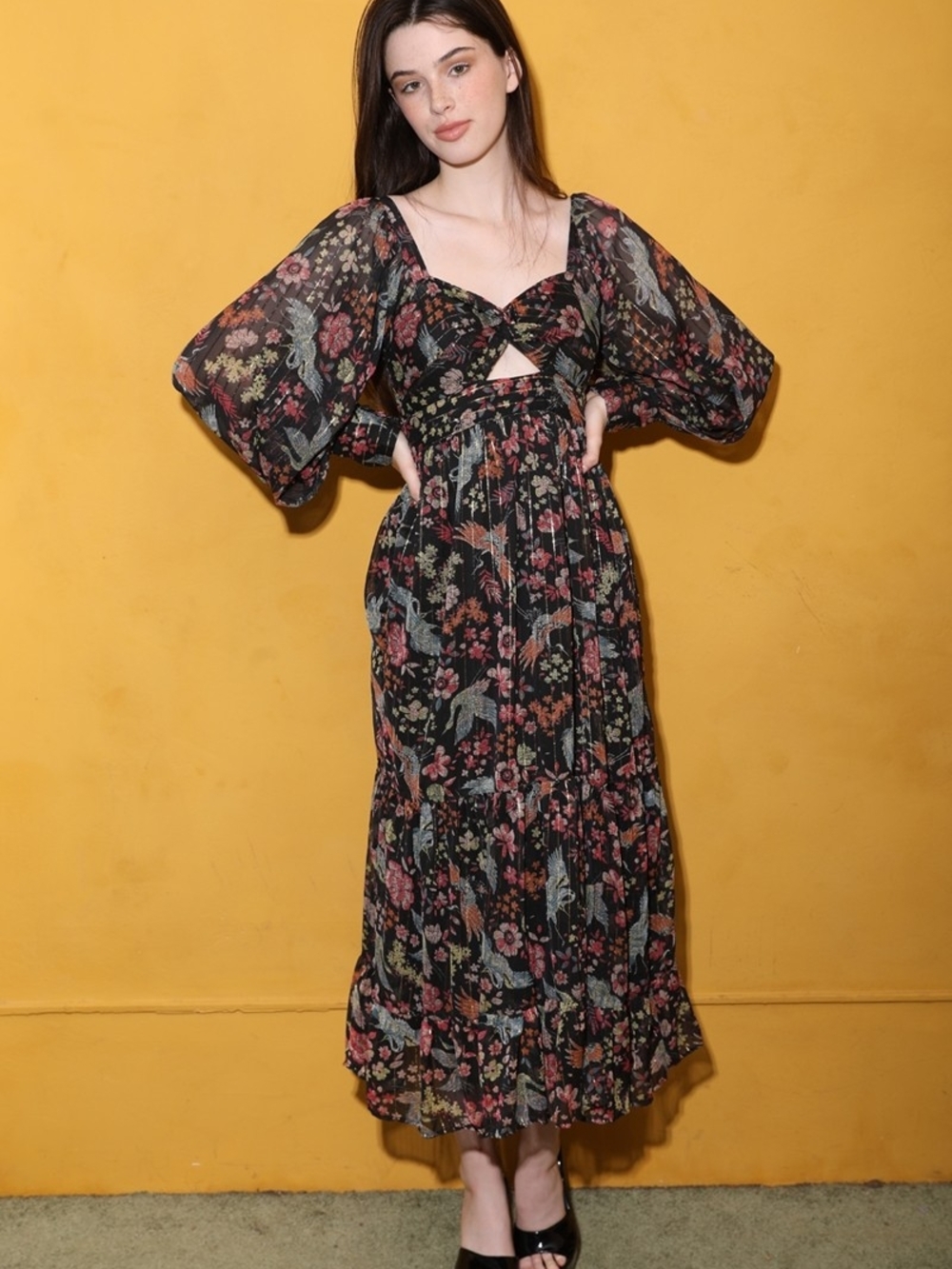 Angie Black Floral Cutout Maxi with Puff Sleeves